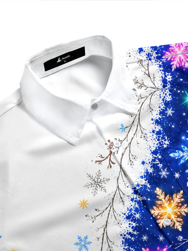 Adaychic Men's Colorful Snowflakes And Branches Print Short Sleeve Shirt with Chest Pocket