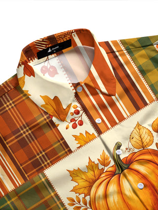 Adaychic Men's Autumn Pumpkin And Autumn Leaves Print Long Sleeve Shirt with Chest Pocket