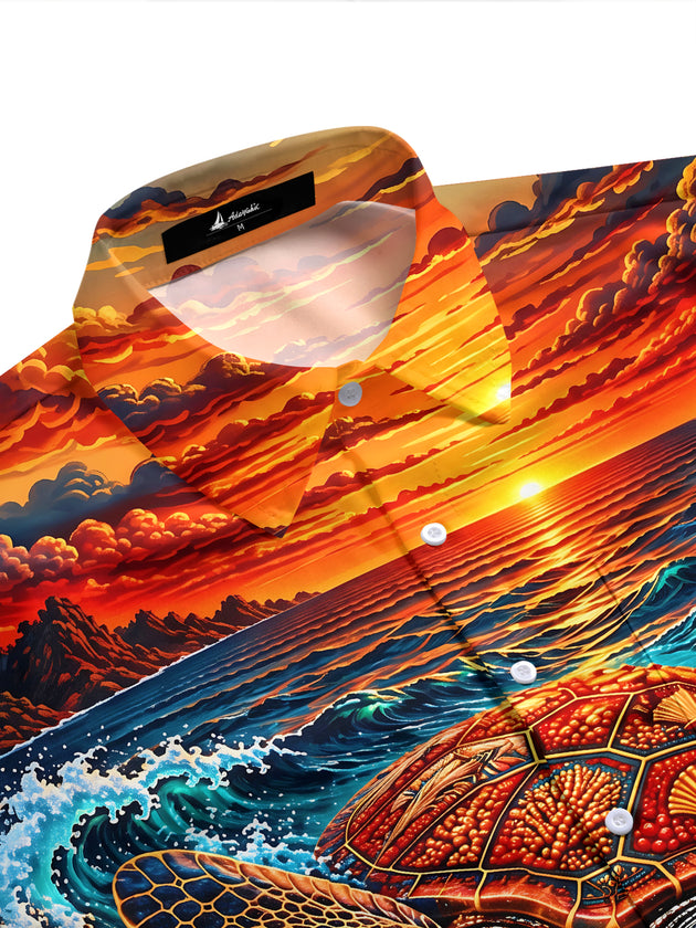 Adaychic Men's Hawaiian Sea Turtle And Coral Reef Print Short Sleeve Shirt with Chest Pocket