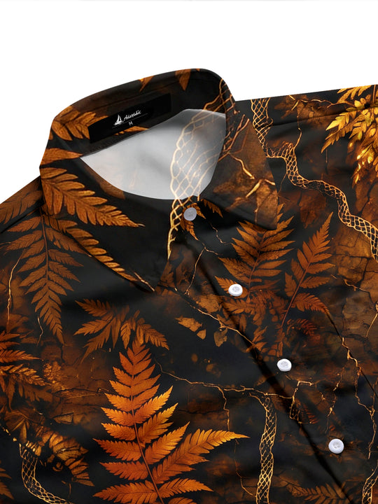 Adaychic Men's Golden Fern Leaves And Snake Skin Pattern Long Sleeve Shirt with Chest Pocket