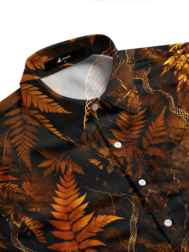 Adaychic Men's Golden Fern Leaves And Snake Skin Pattern Long Sleeve Shirt with Chest Pocket
