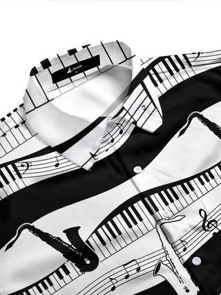 Adaychic Men's Graphic Piano Keys And Musical Notes Print Long Sleeve Shirt with Chest Pocket
