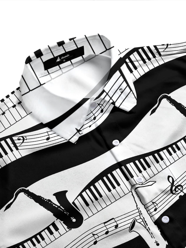 Adaychic Men's Graphic Piano Keys And Musical Notes Print Long Sleeve Shirt with Chest Pocket