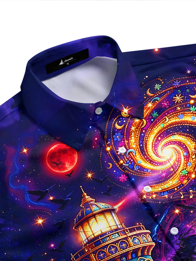 Adaychic Men's Hawaiian Dark Mermaid And Lighthouse Print Short Sleeve Shirt with Chest Pocket