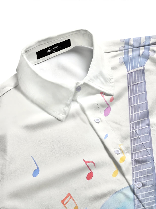 Adaychic Men's Hawaiian Guitar Print Musical Notes Print Long Sleeve Shirt with Chest Pocket