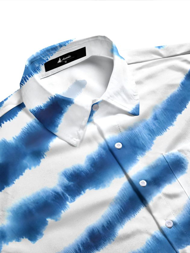 Adaychic Men's Blue And White Horizontal Stripes Print Long Sleeve Shirt with Chest Pocket