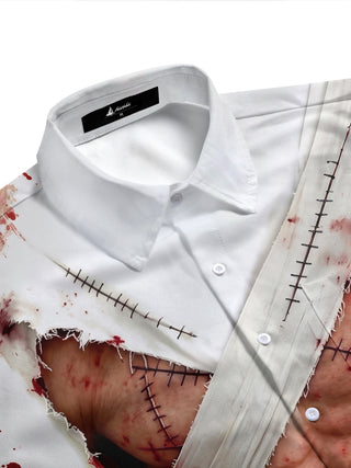 Adaychic Men's Short Sleeve Shirt - Halloween Zombie Bandage And Blood Splatter Print with Chest Pocket