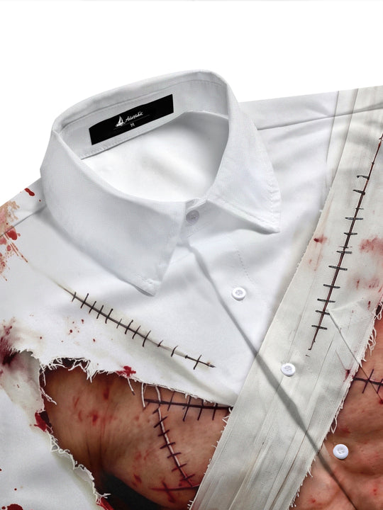 Adaychic Men's Short Sleeve Shirt - Halloween Zombie Bandage And Blood Splatter Print with Chest Pocket