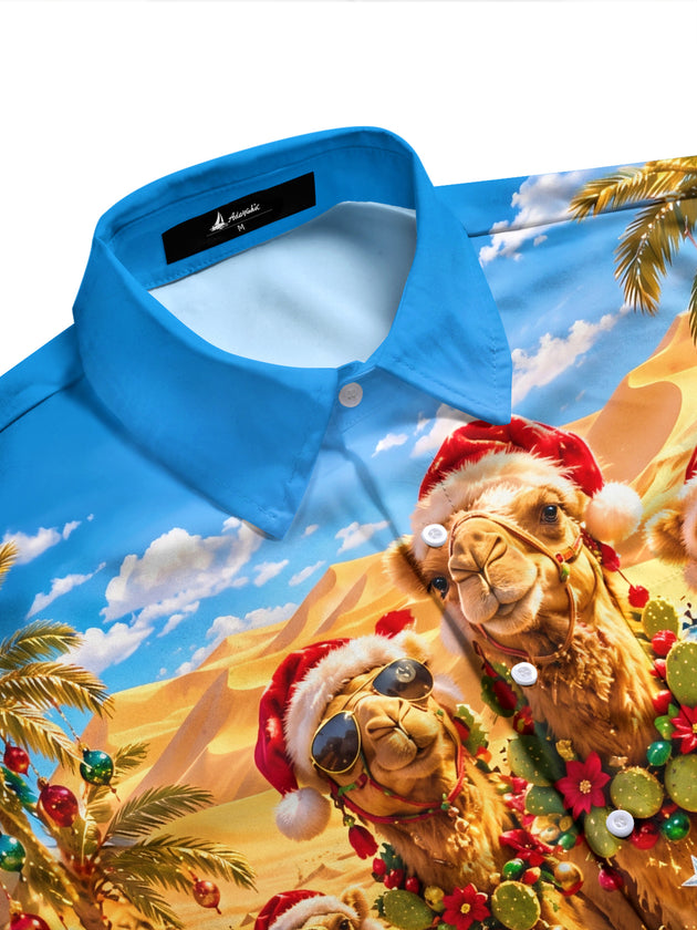 Adaychic Men's Camels And Lizards In Christmas Attire Print Long Sleeve Shirt with Chest Pocket