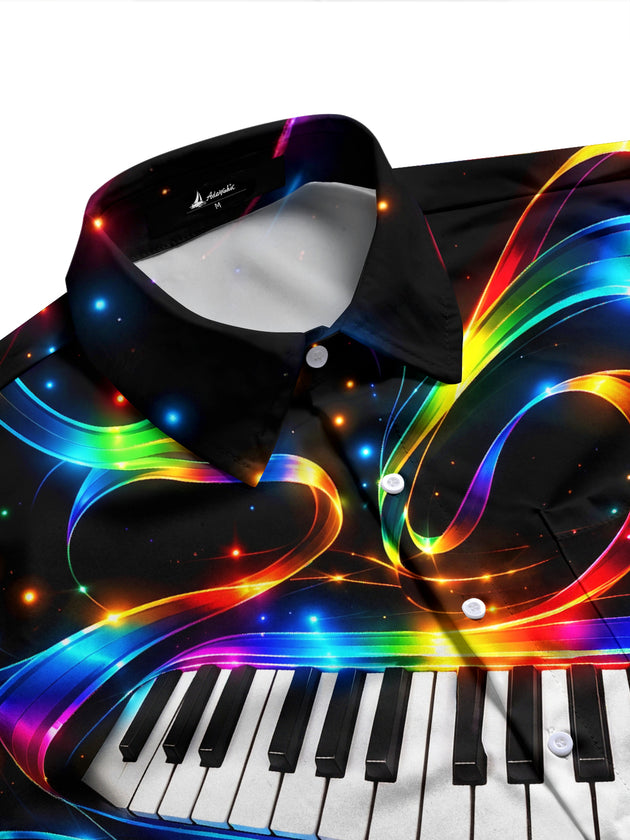 Adaychic Men's Long Sleeve Shirt - Neon Piano Keyboard And Rainbow Light Waves Print with Chest Pocket