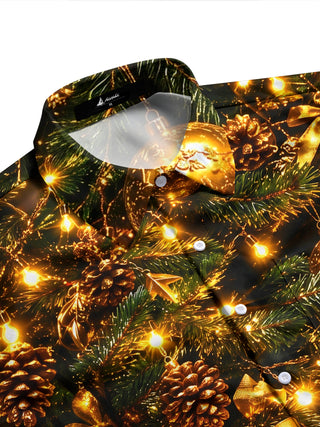 Adaychic Men's Christmas Pine Bells And Ornaments Print Long Sleeve Shirt with Chest Pocket