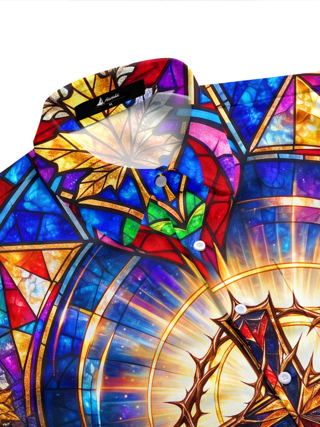 Adaychic Men's Stained Glass Crown Of Thorns Cross Print Short Sleeve Shirt with Chest Pocket