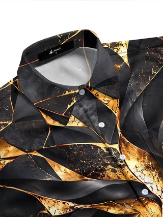 Adaychic Men's Short Sleeve Shirt - Abstract Geometric Swirl With Gold And Black Textures Print with Chest Pocket