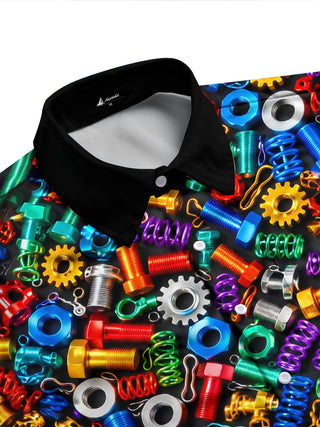 Adaychic Men's Colorful Hardware Screws And Nuts Print Long Sleeve Shirt with Chest Pocket