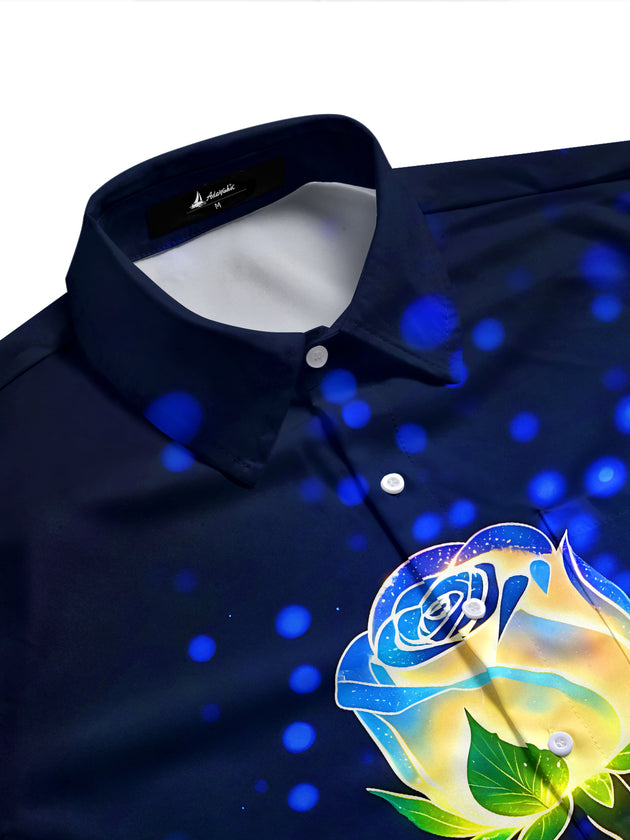 Adaychic Men's Printed Neon Luminous Roses Print Short Sleeve Shirt with Chest Pocket
