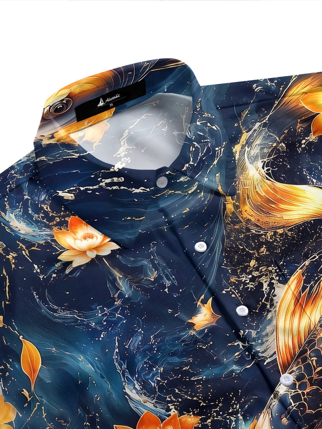 Adaychic Men's Hawaiian Koi Fish Print Lotus Flower Print Short Sleeve Shirt with Chest Pocket