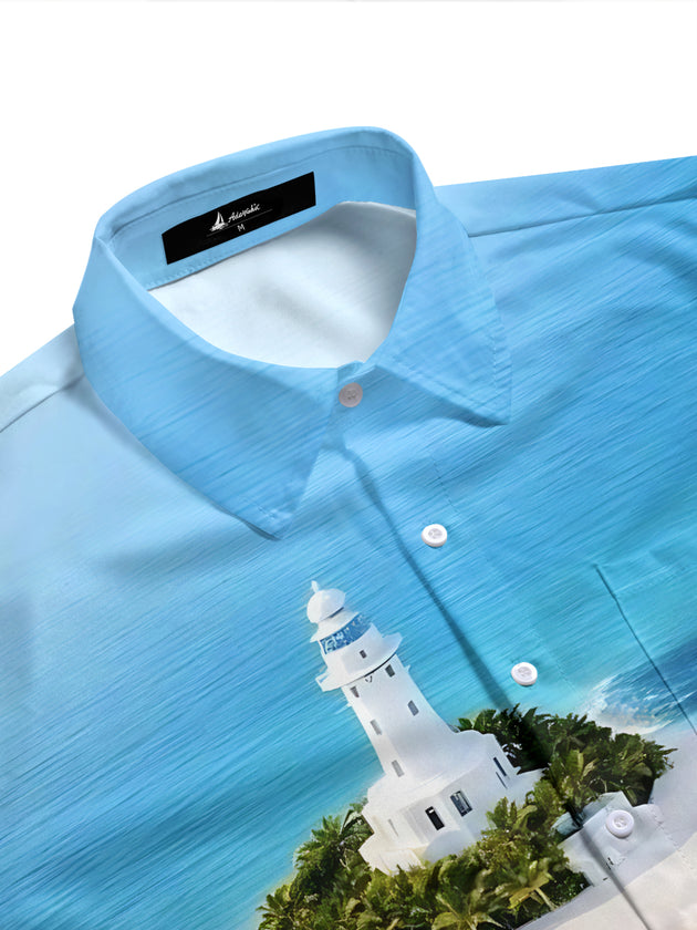 Adaychic Men's Hawaiian Lighthouse Island Print Short Sleeve Shirt with Chest Pocket