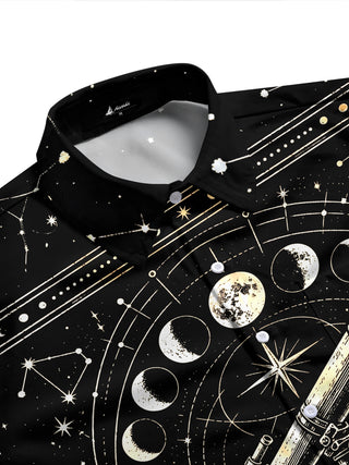 Adaychic Men's Astronomical Telescope And Moon Phases Print Long Sleeve Shirt with Chest Pocket