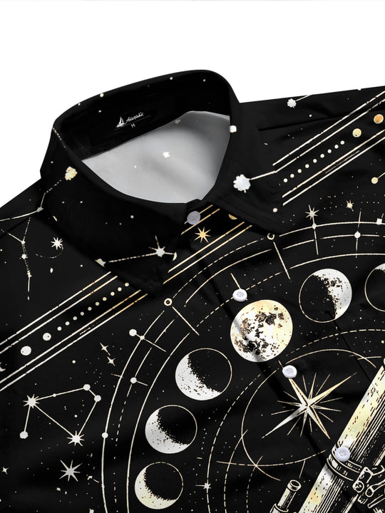 Adaychic Men's Astronomical Telescope And Moon Phases Print Long Sleeve Shirt with Chest Pocket