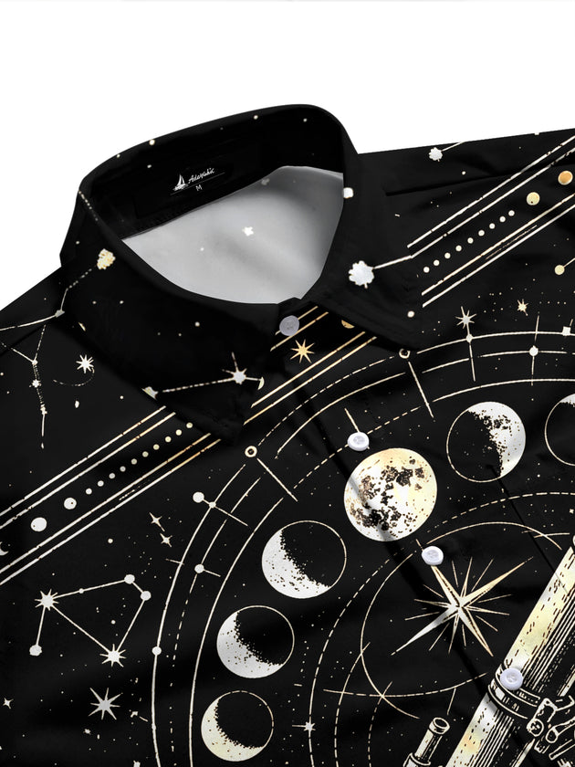Adaychic Men's Astronomical Telescope And Moon Phases Print Long Sleeve Shirt with Chest Pocket
