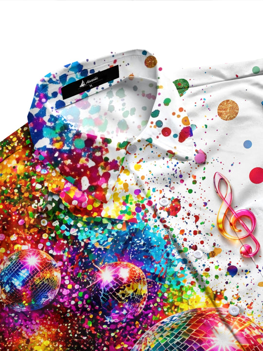 Adaychic Men's Retro Disco Balls And Musical Notes Print Long Sleeve Shirt with Chest Pocket