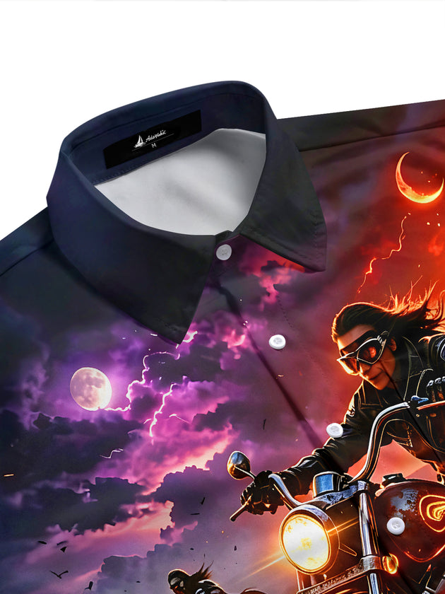 Adaychic Men's Graphic Motorcycle Rider Print Short Sleeve Shirt with Chest Pocket