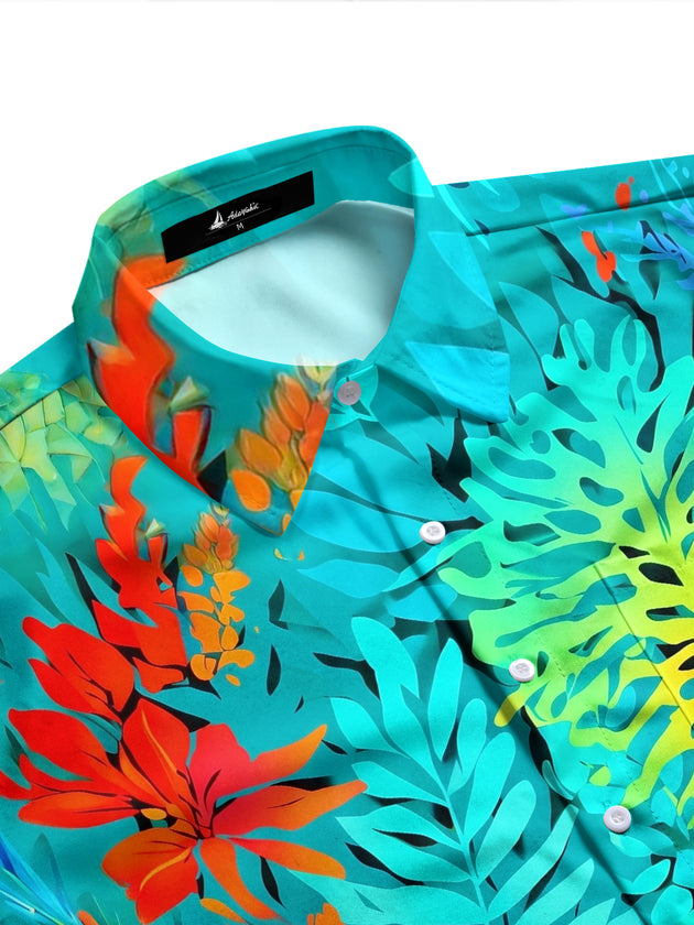 Adaychic Men's Hawaiian Tropical Leaves And Flowers Print Long Sleeve Shirt with Chest Pocket