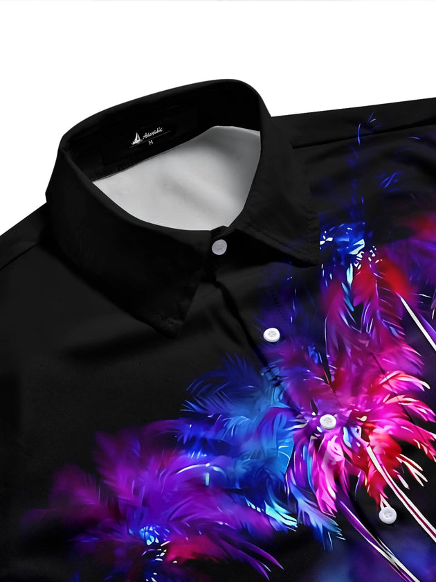Adaychic Men's Hawaiian Neon Palm Trees Print Short Sleeve Shirt with Chest Pocket
