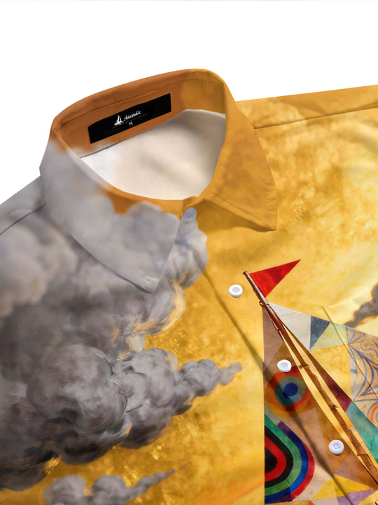 Adaychic Men's Graphic Paper Boat Sunset Print Short Sleeve Shirt with Chest Pocket