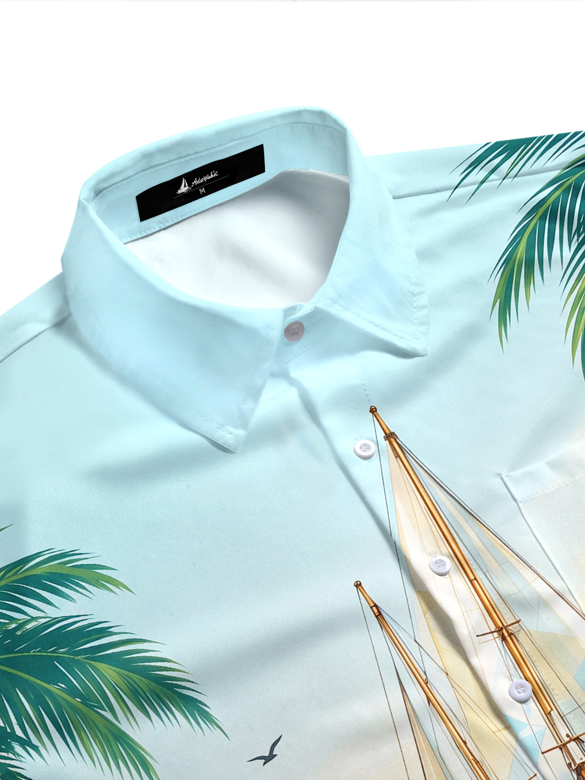 Adaychic Men's Short Sleeve Shirt - Sailboat On Water With Palm Trees And Mountains Print with Chest Pocket