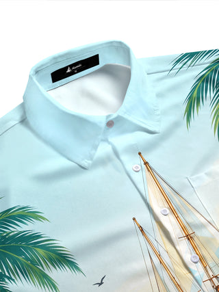 Adaychic Men's Short Sleeve Shirt - Sailboat On Water With Palm Trees And Mountains Print with Chest Pocket