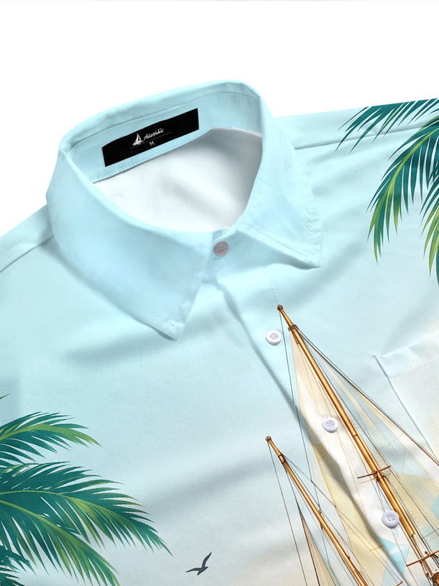 Adaychic Men's Short Sleeve Shirt - Sailboat On Water With Palm Trees And Mountains Print with Chest Pocket