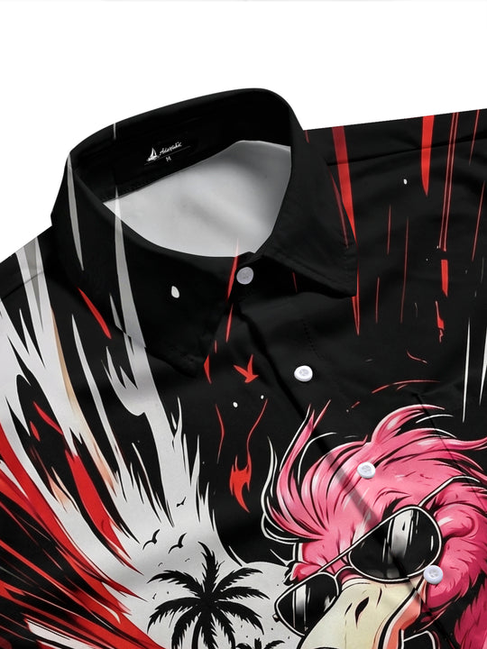Motorcycle Punk Flamingo Print Men's Pocket Short Sleeve Shirts