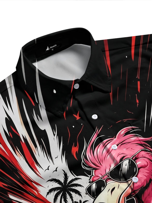 Motorcycle Punk Flamingo Print Men's Pocket Short Sleeve Shirts