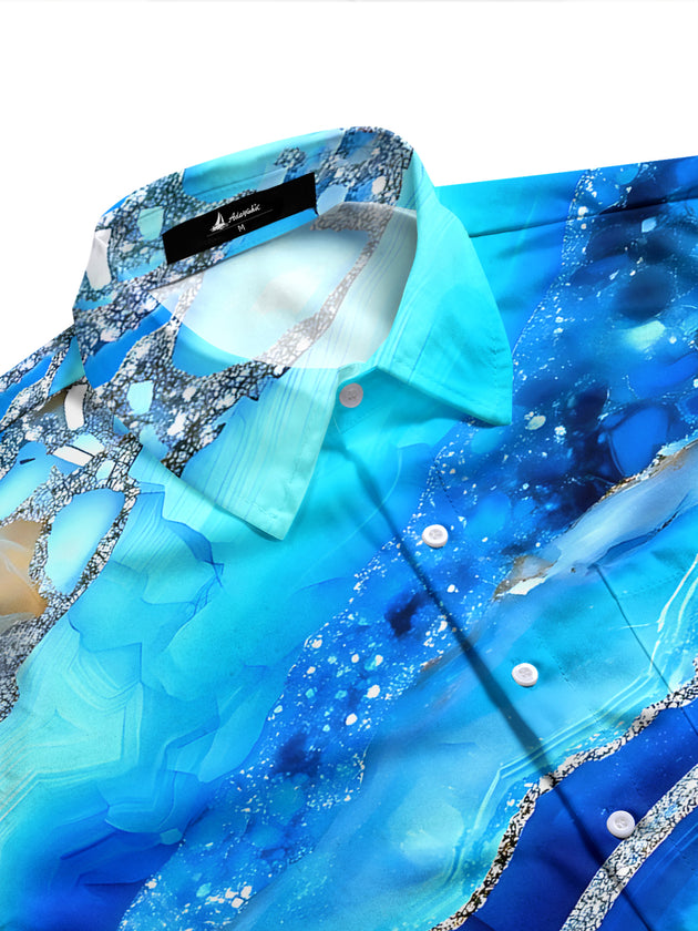 Adaychic Men's Printed Blue Agate Stone Pattern Long Sleeve Shirt with Chest Pocket