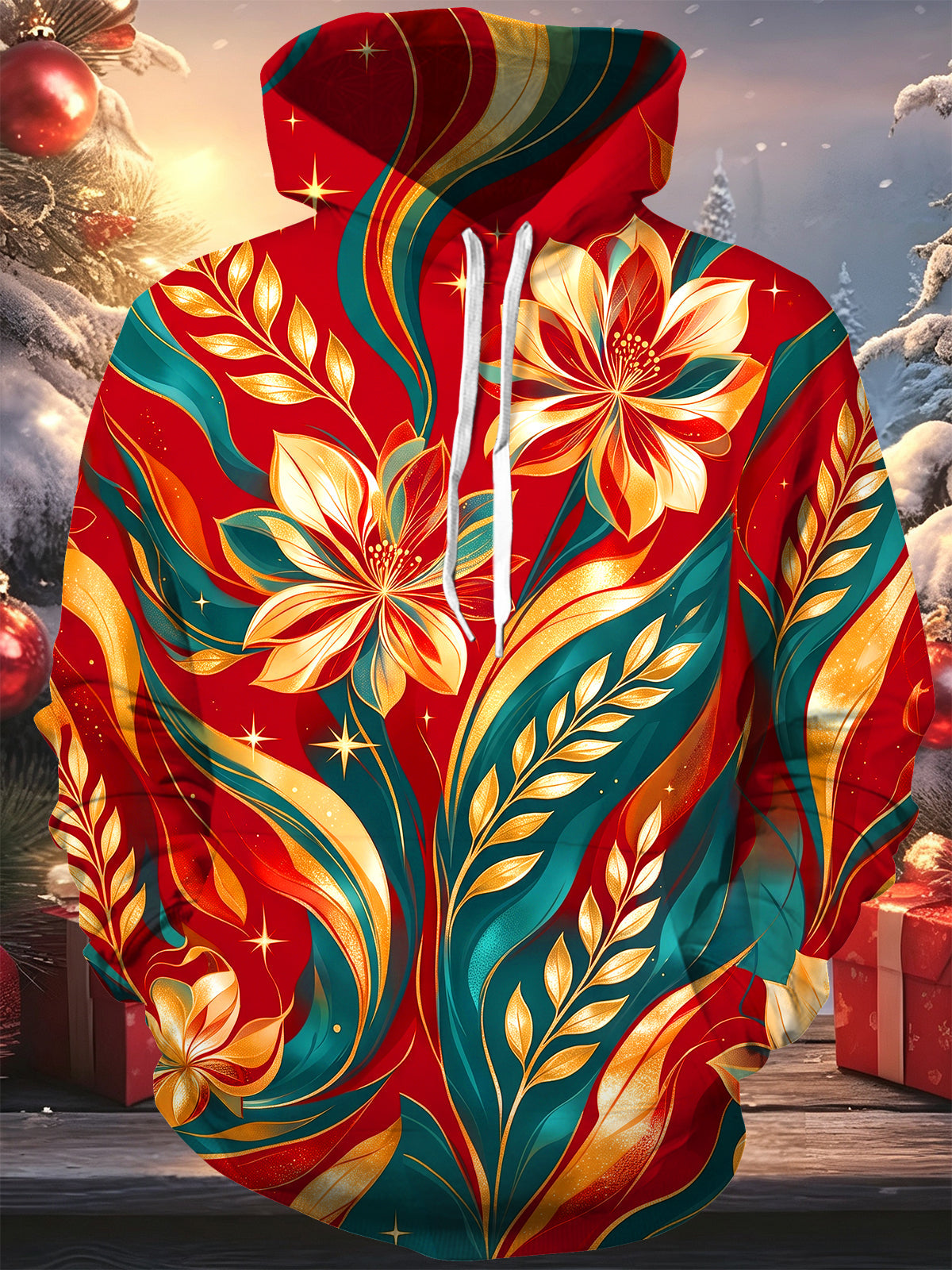 Adaychic Men's Long Sleeve Pullover Hoodie - Christmas Gold And Teal Floral Pattern With Red Background with Kangaroo Pocket