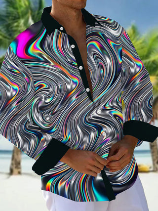 Adaychic Men's Abstract Abstract Psychedelic Swirls Print Short Sleeve Shirt with Chest Pocket