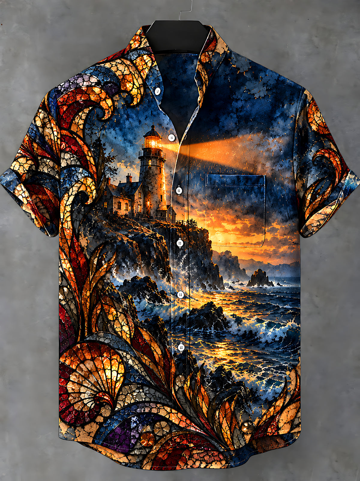 Adaychic Men's Hawaiian Lighthouse And Ocean Sunset Print Short Sleeve Shirt with Chest Pocket