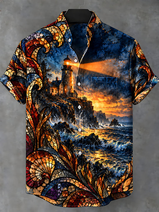 Adaychic Men's Hawaiian Lighthouse And Ocean Sunset Print Short Sleeve Shirt with Chest Pocket