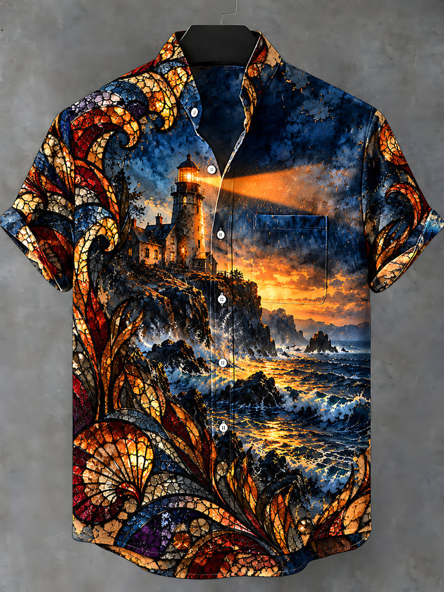 Adaychic Men's Hawaiian Lighthouse And Ocean Sunset Print Short Sleeve Shirt with Chest Pocket