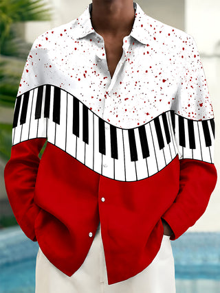 Adaychic Men's Graphic Piano Keyboard And Red Splatter Print Long Sleeve Shirt with Chest Pocket