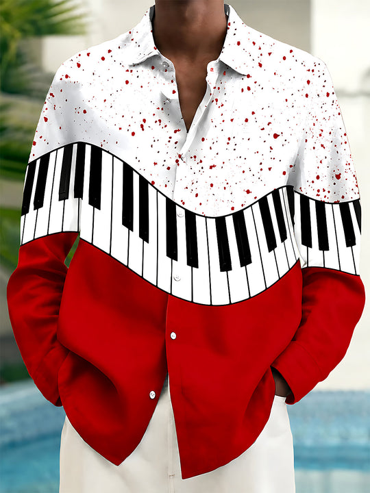 Adaychic Men's Graphic Piano Keyboard And Red Splatter Print Long Sleeve Shirt with Chest Pocket