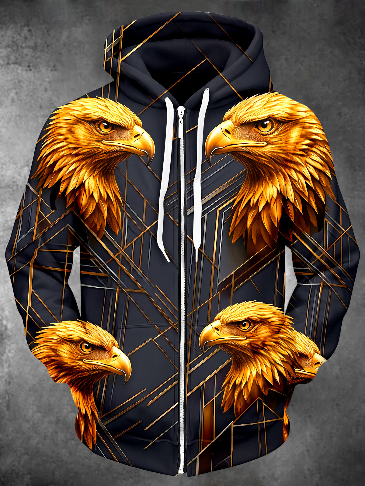 Adaychic Men's Golden Eagle Heads Print Long Sleeve Zip-Up Hoodie with Kangaroo Pocket