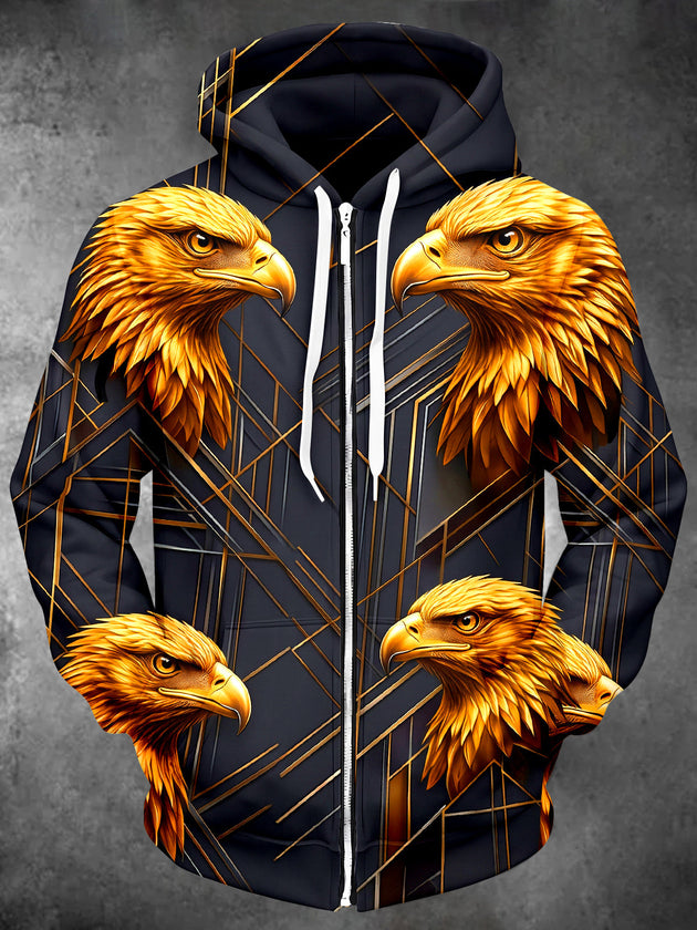 Adaychic Men's Golden Eagle Heads Print Long Sleeve Zip-Up Hoodie with Kangaroo Pocket
