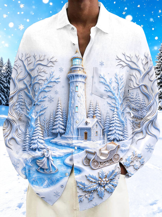 Adaychic Men's Long Sleeve Shirt - Christmas Winter Sleigh And Holly Print Winter Lighthouse And Ice Skating Couple Print with Chest Pocket