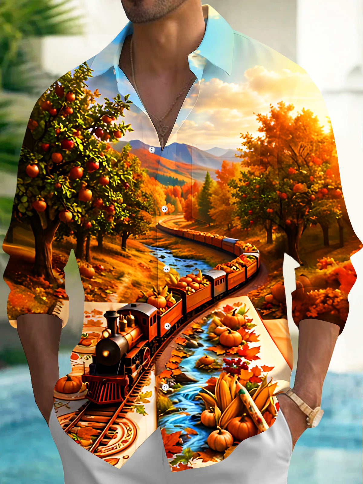Adaychic Men's Long Sleeve Shirt - Autumn Landscape With Steam Train And Pumpkins Print with Chest Pocket
