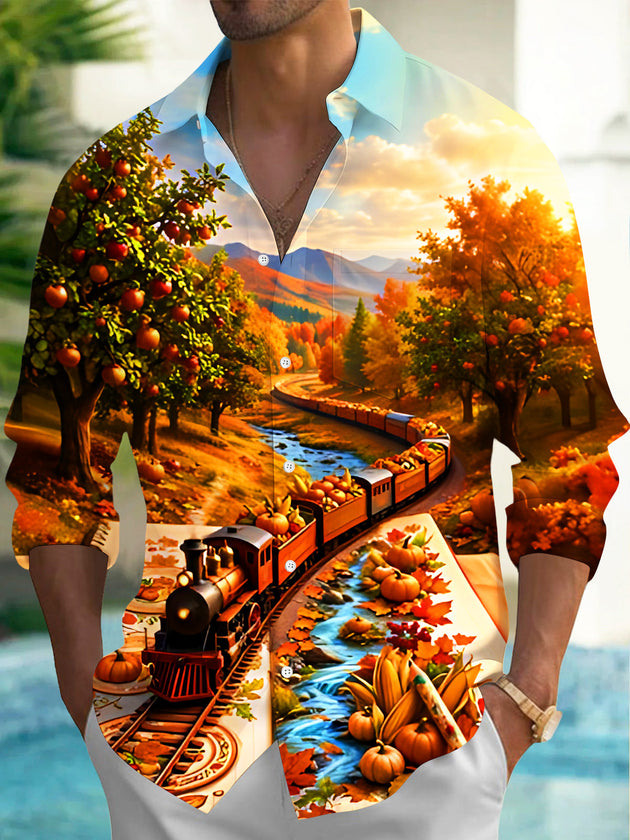 Adaychic Men's Long Sleeve Shirt - Autumn Landscape With Steam Train And Pumpkins Print with Chest Pocket