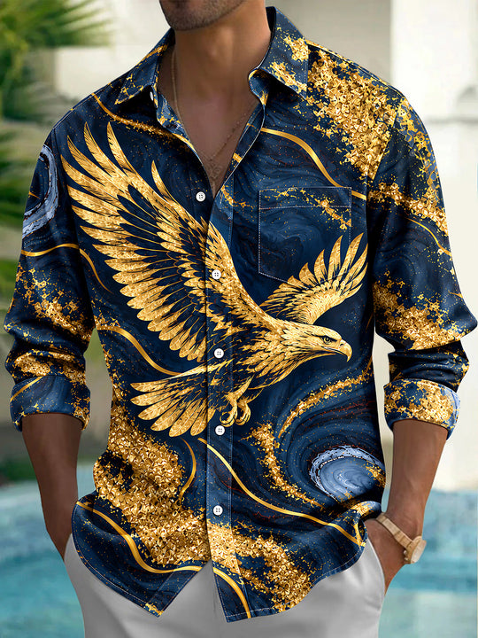 Adaychic Men's Graphic Abstract Golden Eagle Print Long Sleeve Shirt with Chest Pocket