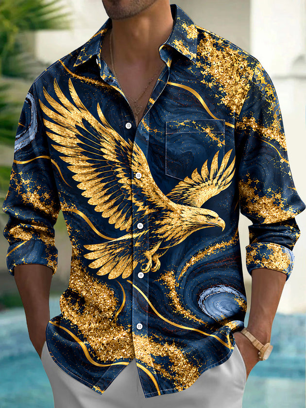 Adaychic Men's Graphic Abstract Golden Eagle Print Long Sleeve Shirt with Chest Pocket