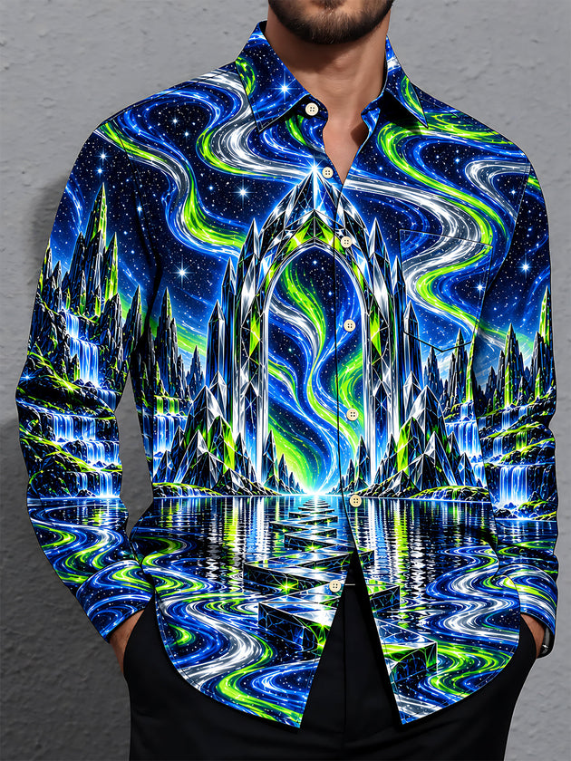 Adaychic Men's Long Sleeve Shirt - Crystal Archway And Aurora Borealis Landscape Print with Chest Pocket